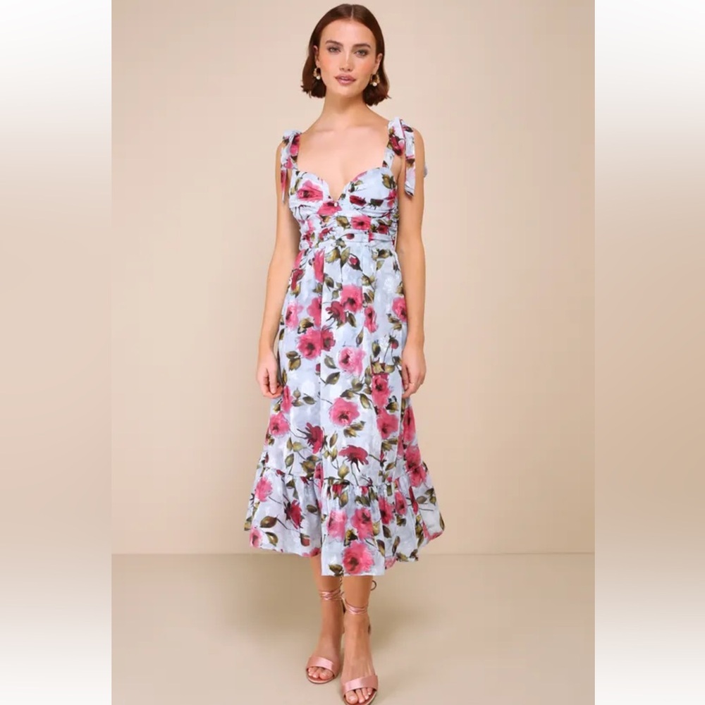 Lulu’s • Lush Loveliness Light Blue Floral Jacquard Tie-Strap Midi Dress